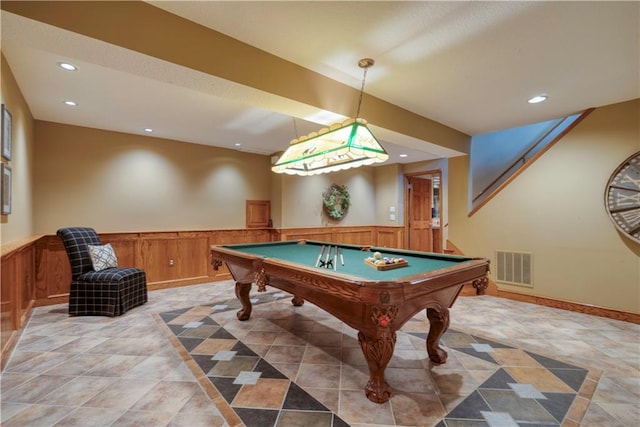13011 Long St, Overland Park, KS 66213 - rec room with wainscoting, recessed lighting, billiards, and inlaid floor details