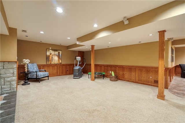 13011 Long St, Overland Park, KS 66213 - sitting room featuring carpet flooring, wainscoting, recessed lighting, and decorative columns