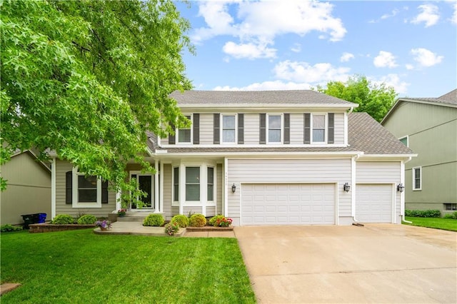 14450 W 146th Ter, Olathe, KS 66062 - traditional-style home with concrete driveway, a front yard, roof with shingles, and an attached garage