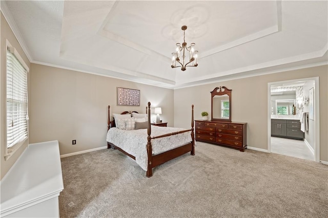 14450 W 146th Ter, Olathe, KS 66062 - bedroom featuring a raised ceiling, a chandelier, light carpet, and ornamental molding