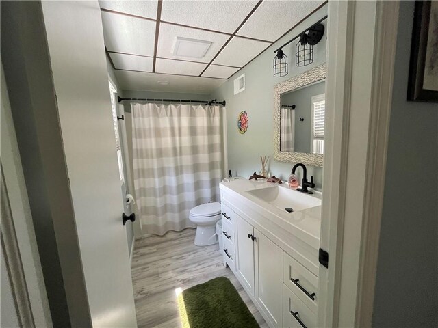 1211 N 6th St, Hiawatha, KS 66434 - bathroom with toilet, vanity, wood finished floors, a paneled ceiling, and a shower with curtain