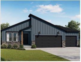 18305 W 166th St, Olathe, KS 66062 - view of front facade featuring board and batten siding, a garage, concrete driveway, a front yard, and stone siding