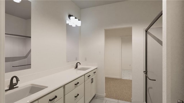 18305 W 166th St, Olathe, KS 66062 - full bath featuring double vanity, tile patterned floors, a stall shower, and baseboards
