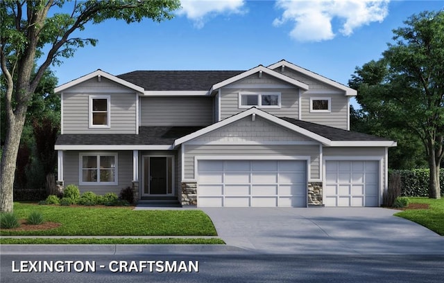903 Reed Dr, Raymore, MO 64083 - craftsman-style house featuring driveway, a front lawn, roof with shingles, and a garage