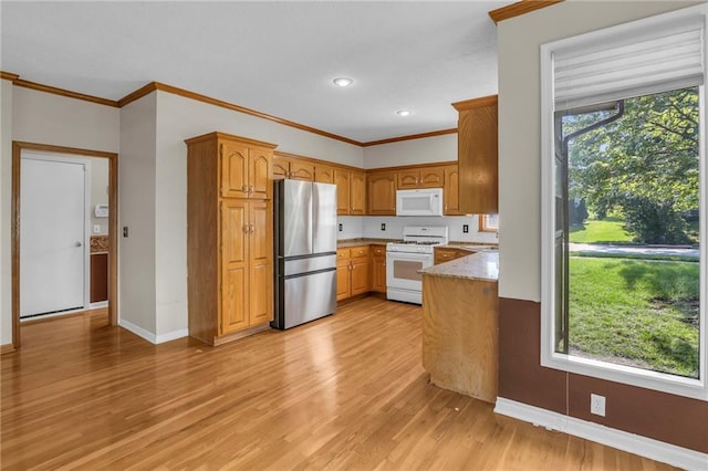12726 S Rene St, Olathe, KS 66062 - kitchen featuring white appliances, baseboards, light wood-style floors, crown molding, and brown cabinetry