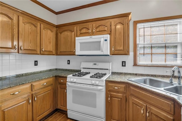 12726 S Rene St, Olathe, KS 66062 - kitchen with white appliances, a sink, ornamental molding, brown cabinets, and decorative backsplash