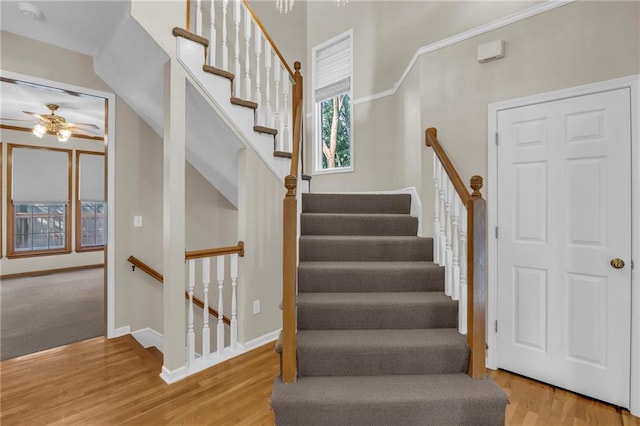 12726 S Rene St, Olathe, KS 66062 - stairway with a ceiling fan, wood finished floors, and baseboards