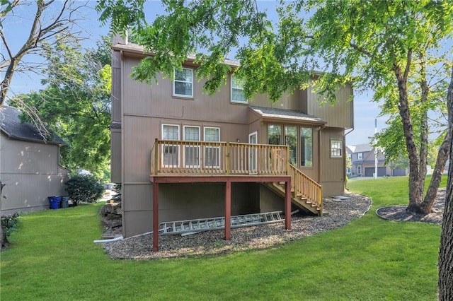 12726 S Rene St, Olathe, KS 66062 - rear view of house with stairway, a wooden deck, and a lawn