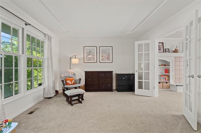 8443 Mettee St, Lenexa, KS 66219 - living area featuring french doors, carpet, plenty of natural light, and a tray ceiling