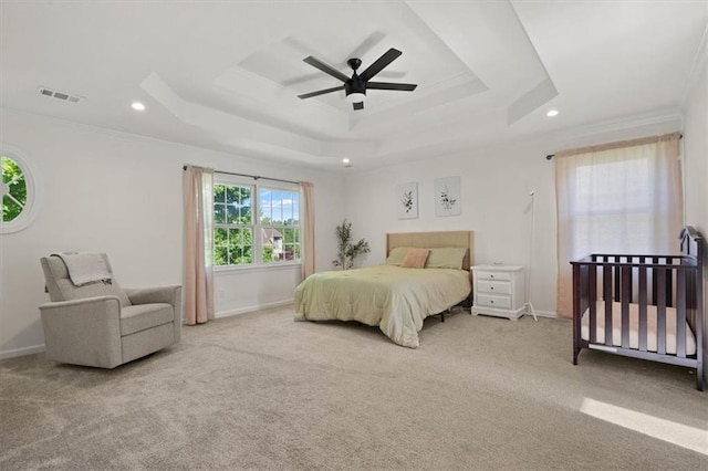 8443 Mettee St, Lenexa, KS 66219 - bedroom with carpet flooring, a tray ceiling, ornamental molding, baseboards, and recessed lighting