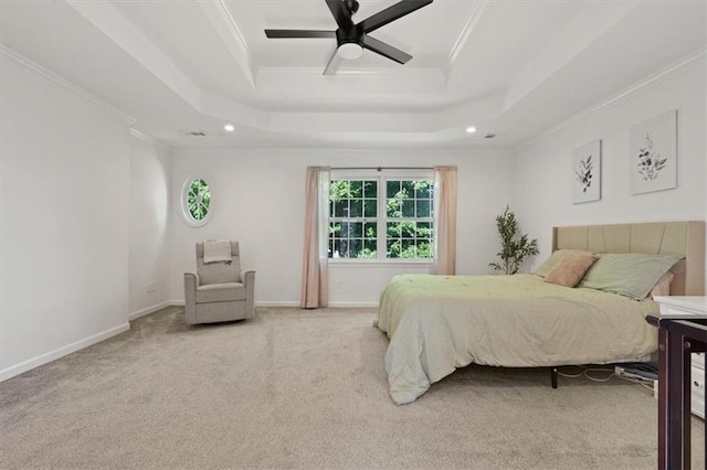 8443 Mettee St, Lenexa, KS 66219 - bedroom featuring a tray ceiling, crown molding, light colored carpet, recessed lighting, and a ceiling fan