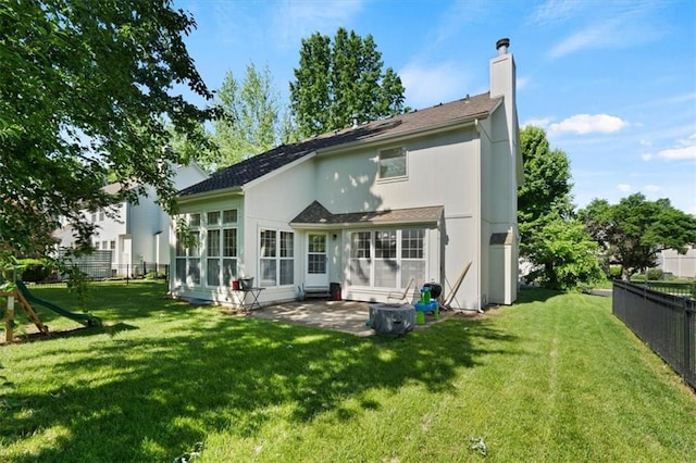8443 Mettee St, Lenexa, KS 66219 - back of house with a patio, a chimney, a sunroom, and roof with shingles