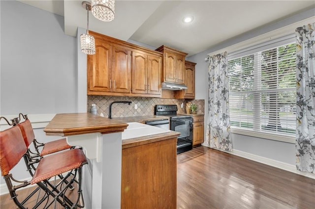 15828 W 61st St, Shawnee, KS 66217 - kitchen with black electric range oven, a sink, under cabinet range hood, baseboards, and decorative backsplash
