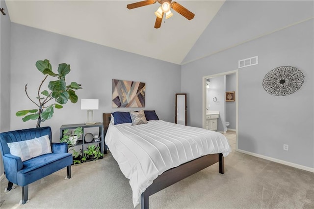 15828 W 61st St, Shawnee, KS 66217 - bedroom with light carpet, high vaulted ceiling, baseboards, ensuite bath, and a ceiling fan