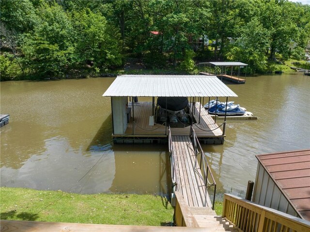 26406 Waterview Dr, Warsaw, MO 65355 - dock area featuring a water view, boat lift, and stairs
