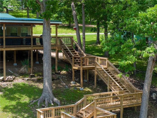 26406 Waterview Dr, Warsaw, MO 65355 - view of grassy yard featuring stairs and a deck