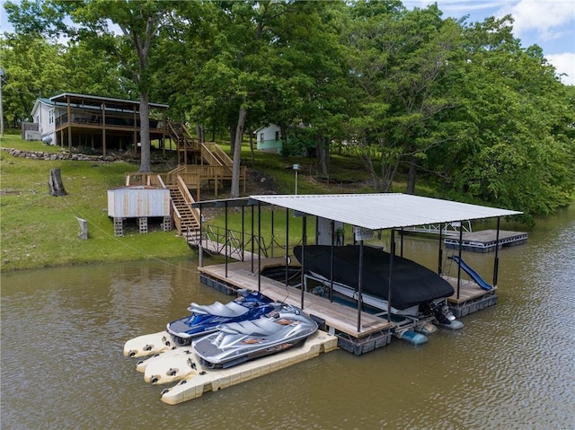 26406 Waterview Dr, Warsaw, MO 65355 - dock featuring stairway, a water view, boat lift, and a yard