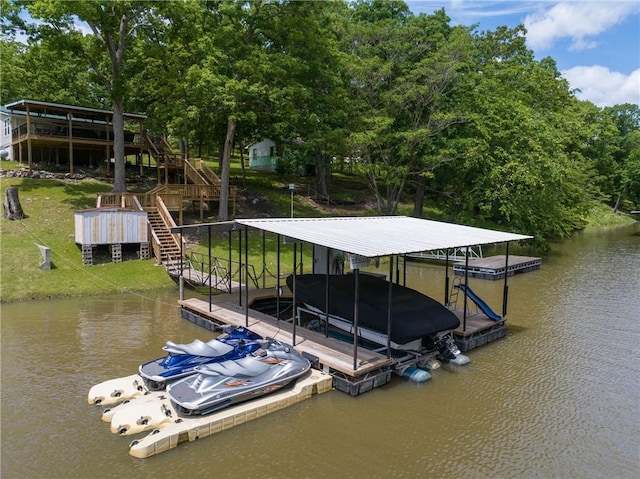 26406 Waterview Dr, Warsaw, MO 65355 - dock with a water view, stairway, boat lift, and view of wooded area