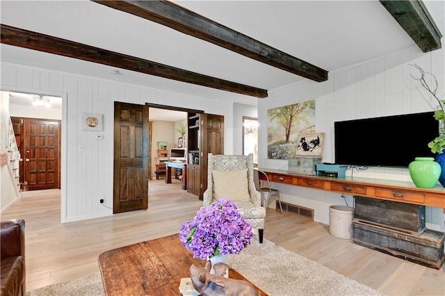 12000 Overbrook Rd, Leawood, KS 66209 - living area featuring wood finished floors and beamed ceiling