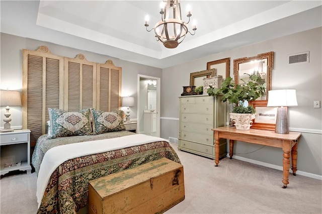 12000 Overbrook Rd, Leawood, KS 66209 - bedroom featuring a chandelier, light carpet, a tray ceiling, and baseboards