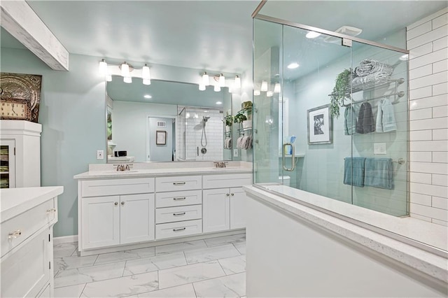 12000 Overbrook Rd, Leawood, KS 66209 - bathroom featuring marble finish flooring, a shower stall, and double vanity
