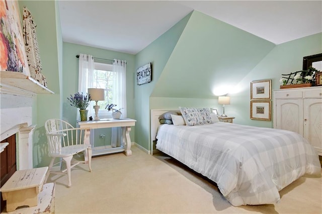12000 Overbrook Rd, Leawood, KS 66209 - bedroom featuring lofted ceiling, carpet flooring, baseboards, and a fireplace