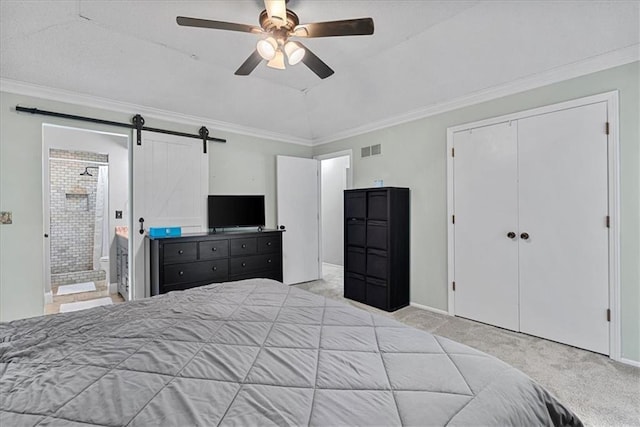 14613 S Locust St, Olathe, KS 66062 - bedroom with carpet floors, a barn door, ornamental molding, ceiling fan, and ensuite bath