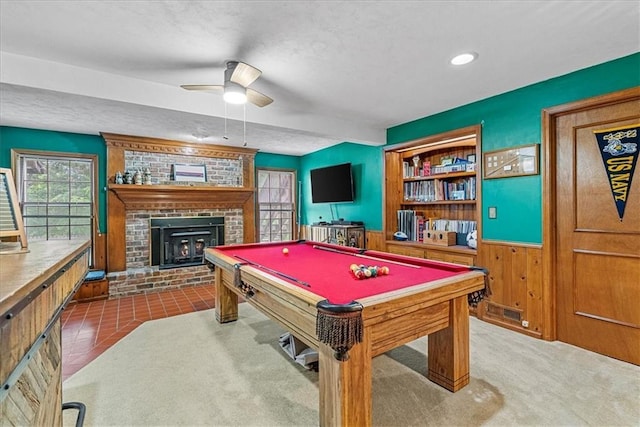 14613 S Locust St, Olathe, KS 66062 - rec room with a textured ceiling, wainscoting, a ceiling fan, and billiards
