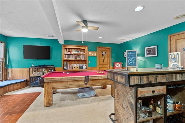 14613 S Locust St, Olathe, KS 66062 - playroom featuring carpet flooring, ceiling fan, a wainscoted wall, billiards, and recessed lighting