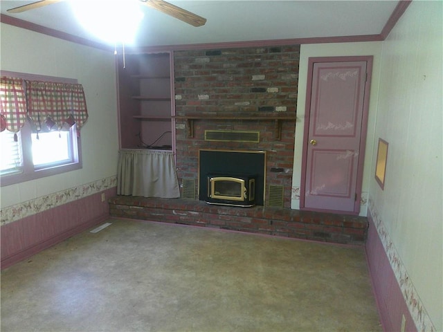 220 W State St, Erie, KS 66733 - unfurnished living room with ornamental molding, a ceiling fan, and carpet flooring