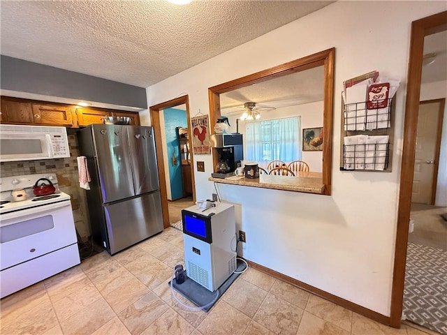450 SW 725th Rd, Chilhowee, MO 64733 - kitchen with white appliances, brown cabinets, ceiling fan, backsplash, and a textured ceiling