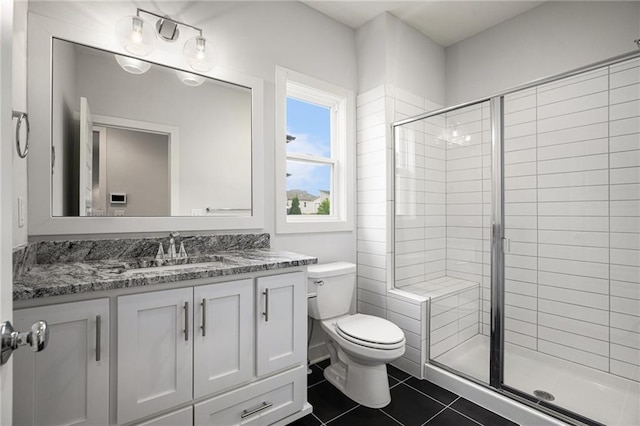 8316 NW 90th St, Kansas City, MO 64153 - full bathroom with toilet, a shower stall, vanity, and tile patterned floors