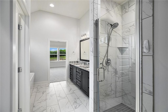 8316 NW 90th St, Kansas City, MO 64153 - bathroom featuring a marble finish shower, vanity, baseboards, marble finish flooring, and recessed lighting
