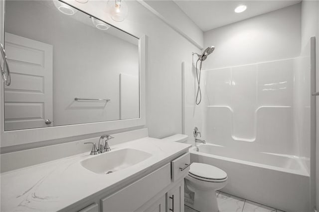 8316 NW 90th St, Kansas City, MO 64153 - full bathroom with marble finish flooring, toilet, vanity, shower / bathtub combination, and recessed lighting