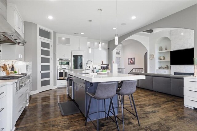 8605 NE Shl Creek Pkwy, Kansas City, MO 64157 - kitchen with wall chimney range hood, appliances with stainless steel finishes, a sink, light countertops, and white cabinets
