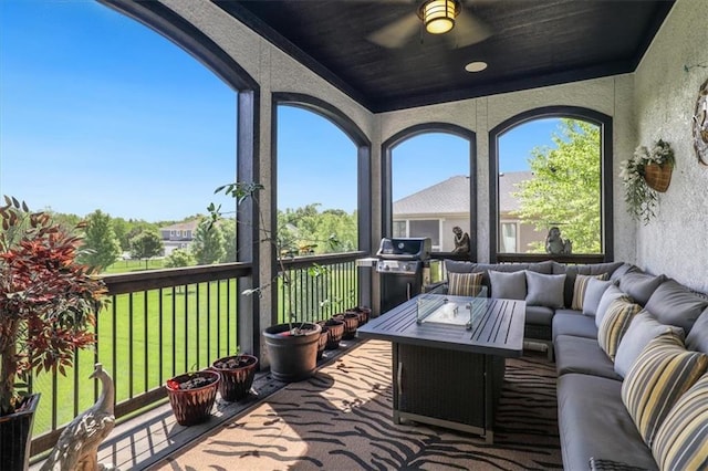 8605 NE Shl Creek Pkwy, Kansas City, MO 64157 - deck featuring an outdoor hangout area, ceiling fan, area for grilling, and a lawn