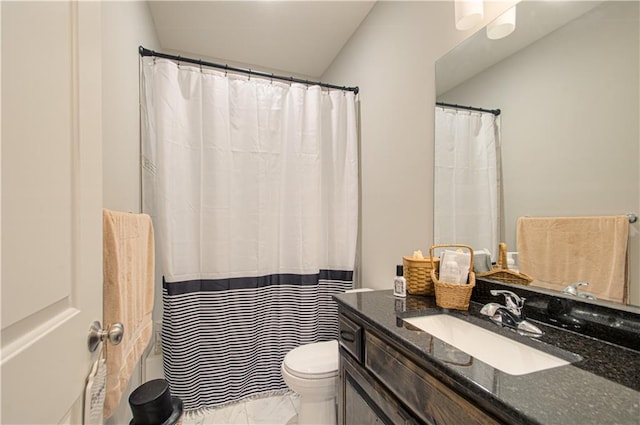 25383 W 144th Ct, Olathe, KS 66061 - bathroom with toilet, vanity, marble finish floors, and shower / tub combo with curtain