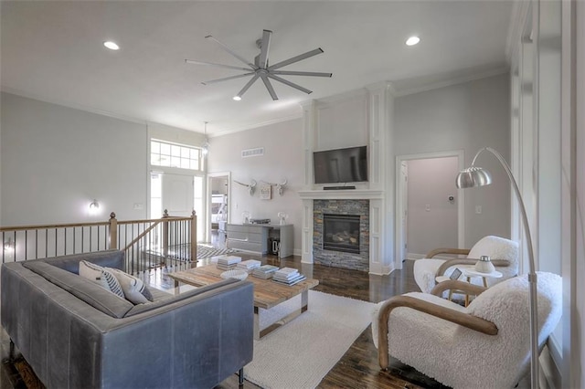 1644 Woodland Shores Cir, Lees Summit, MO 64086 - living room with ceiling fan, ornamental molding, dark wood-style floors, recessed lighting, and a fireplace