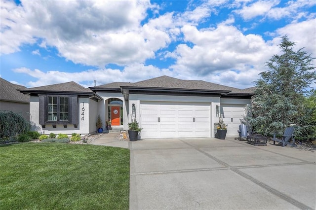 1644 Woodland Shores Cir, Lees Summit, MO 64086 - ranch-style home with an attached garage, a front lawn, concrete driveway, and stucco siding