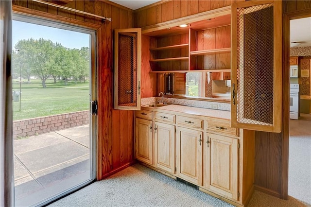 917 Country Club Dr, Butler, MO 64730 - doorway to outside featuring wood walls and light colored carpet
