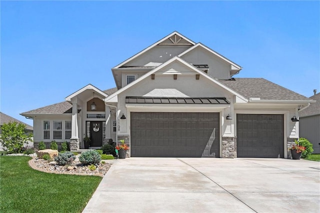 1108 NE Goshen Ct, Lees Summit, MO 64064 - craftsman house with an attached garage, driveway, stone siding, and a front lawn