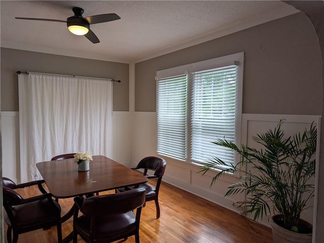 117 W N St, Warrensburg, MO 64093 - dining room with ceiling fan, light wood-type flooring, a textured ceiling, and wainscoting