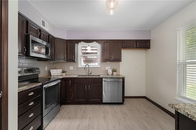 7243 Rene St, Shawnee, KS 66216 - kitchen with appliances with stainless steel finishes, a sink, backsplash, light wood-type flooring, and dark brown cabinetry