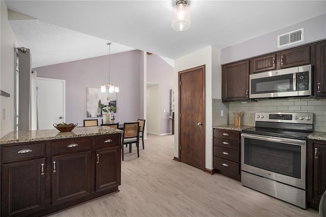 7243 Rene St, Shawnee, KS 66216 - kitchen with stainless steel appliances, light wood finished floors, a chandelier, tasteful backsplash, and lofted ceiling
