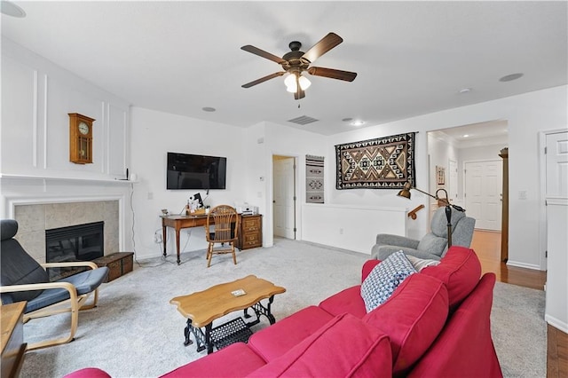 22480 W 113th St, Olathe, KS 66061 - living area featuring ceiling fan, a tile fireplace, baseboards, and recessed lighting