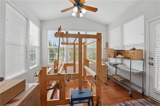 22480 W 113th St, Olathe, KS 66061 - dining space featuring lofted ceiling, wood finished floors, and ceiling fan