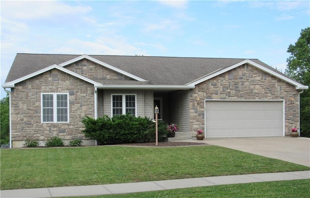 3208 Arbor Lake Dr, Saint Joseph, MO 64506 - craftsman-style house with stone siding, concrete driveway, an attached garage, a front lawn, and roof with shingles