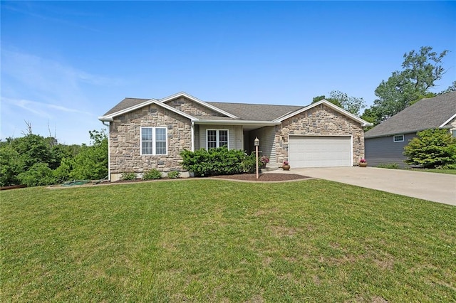 3208 Arbor Lake Dr, Saint Joseph, MO 64506 - view of front of property featuring stone siding, an attached garage, concrete driveway, and a front yard