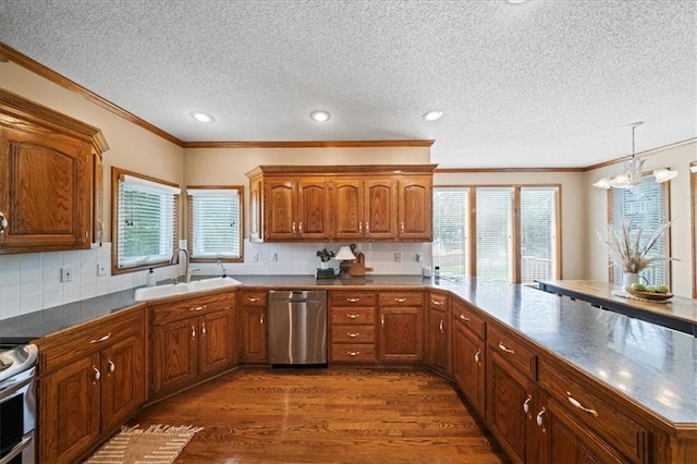 14801 W 70th St, Shawnee, KS 66216 - kitchen featuring dishwasher, a textured ceiling, a sink, ornamental molding, and brown cabinets