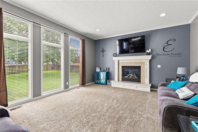 9820 N Donnelly Ave, Kansas City, MO 64157 - living room with crown molding, carpet floors, a textured ceiling, a fireplace, and baseboards